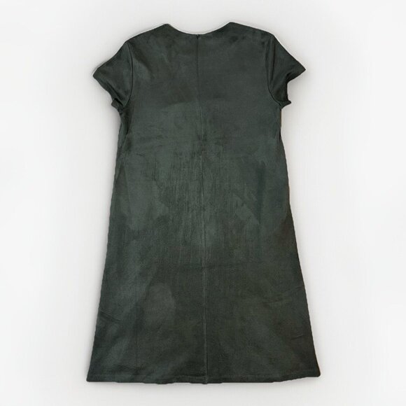 J McLaughlin Swing Dress Cap Sleeve Olive Green Faux Suede Size M Pockets - Picture 9 of 15